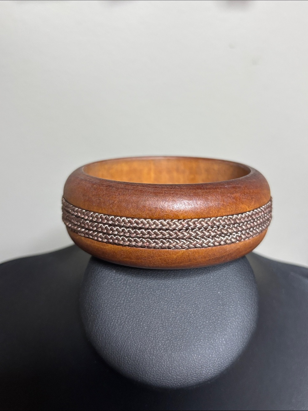 Wood Boho Bangle Bracelet Braided Rope Inlay - Brown Western Statement